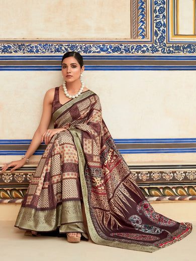 Gorgeous Brown Digital Printed Silk Function Wear Saree With Blouse